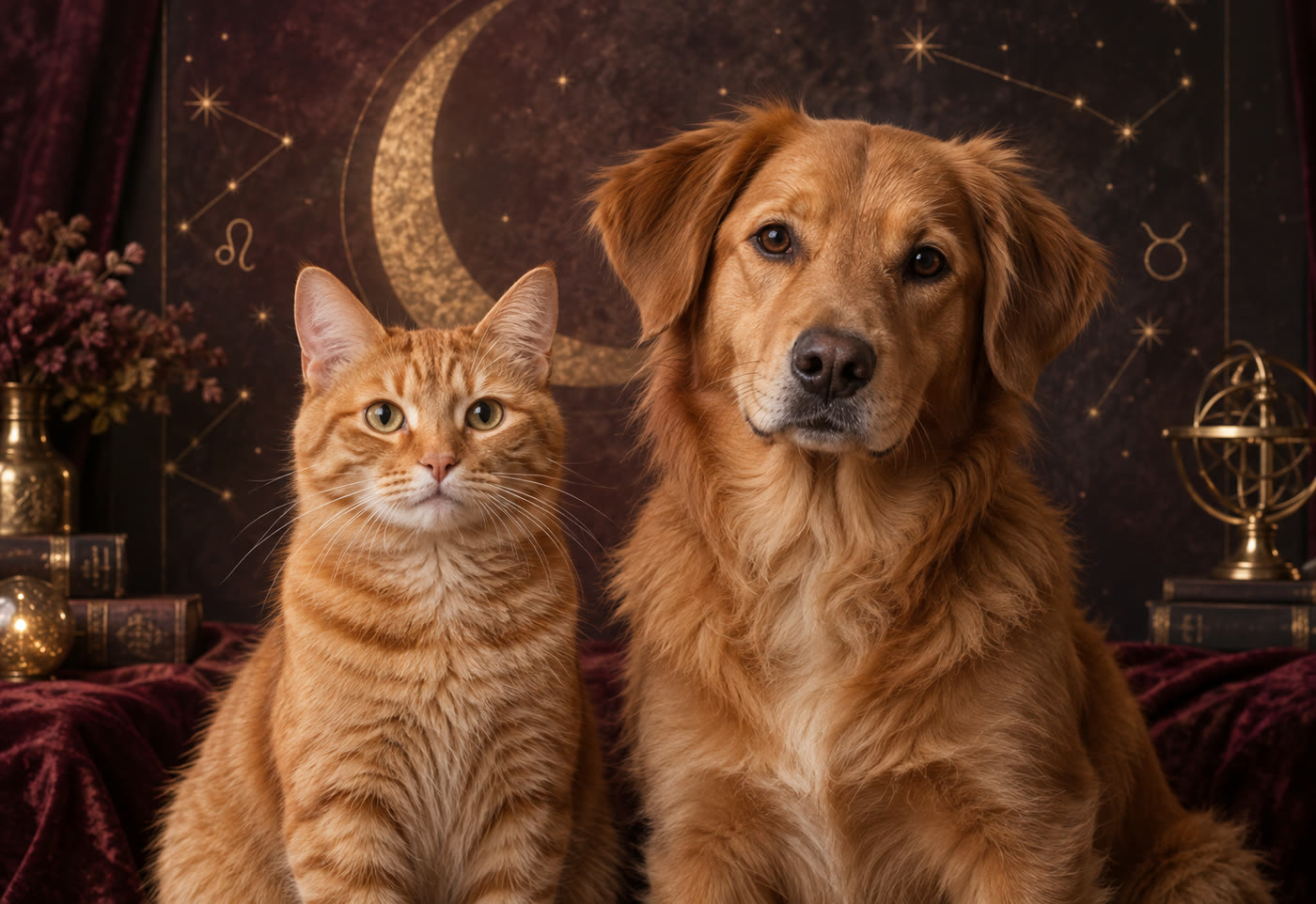 Chien et chat réunis dans un décor astrologique chaleureux — Mon Animal Cosmique